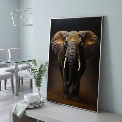 Elephant Portrait Canvas Wall Art, African Wildlife Painting in silver floating frame
