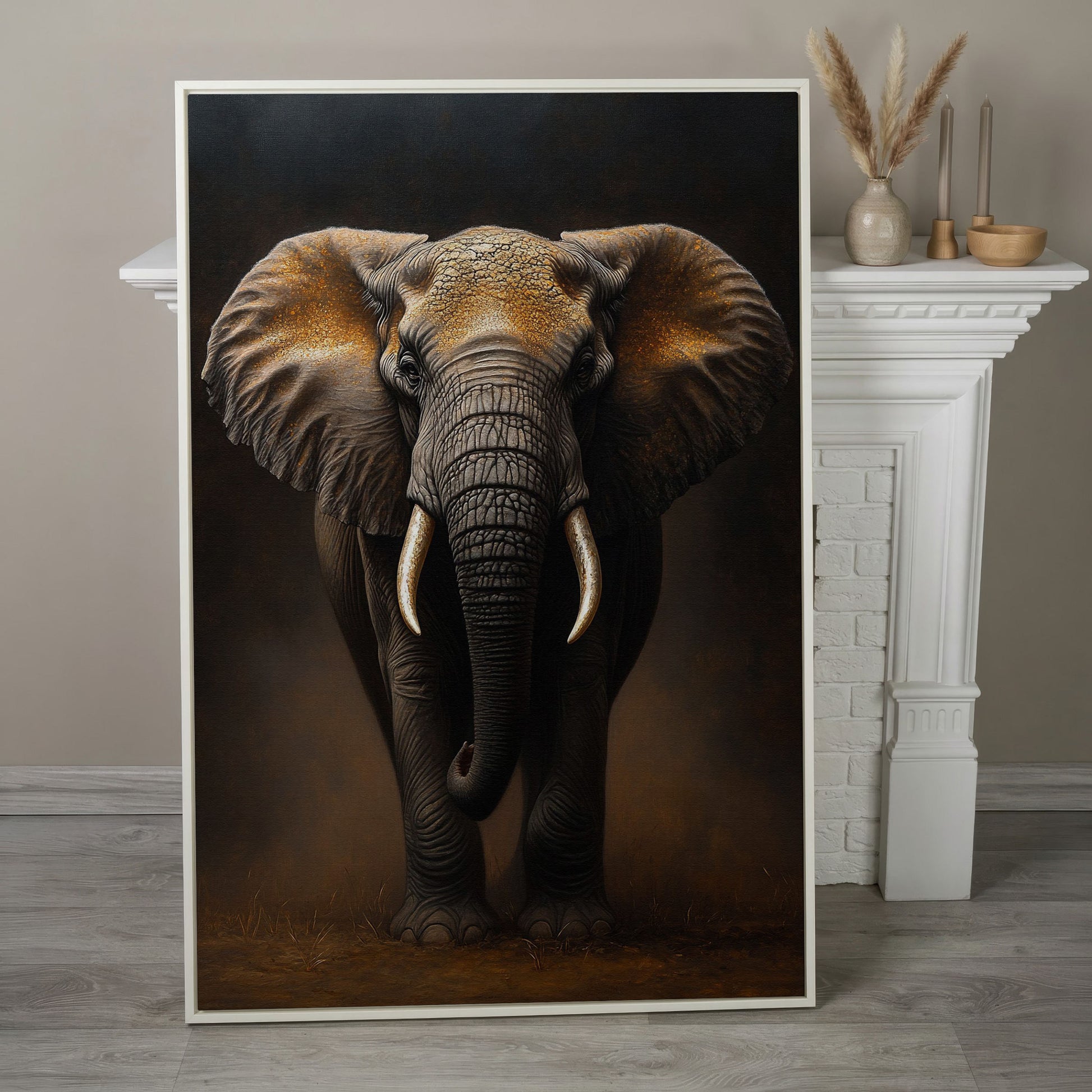 Elephant Portrait Canvas Wall Art, African Wildlife Painting in white floating frame