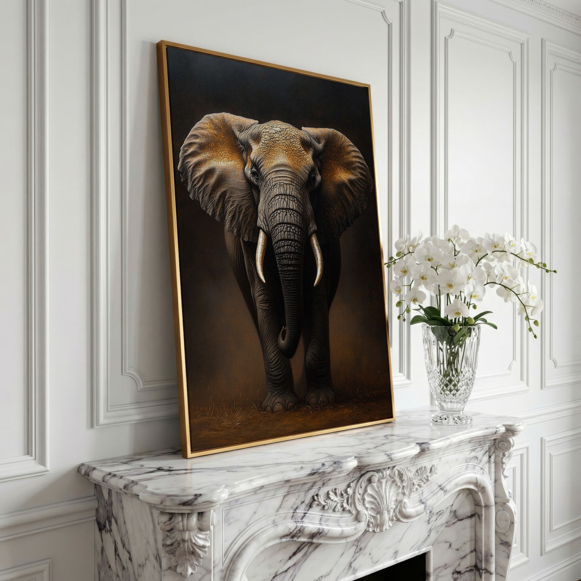 Elephant Portrait Canvas Wall Art, African Wildlife Painting in yellow gold floating frame