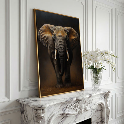 Elephant Portrait Canvas Wall Art, African Wildlife Painting in yellow gold floating frame