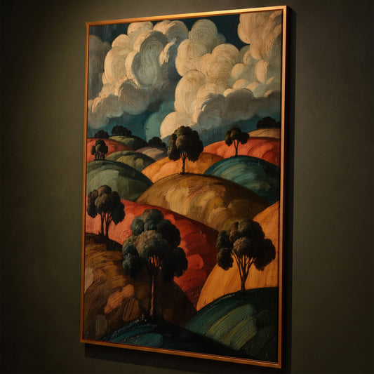 Rolling Hills and Cloud Sky Canvas Print, French Countryside Landscape shown in antique gold floating frame