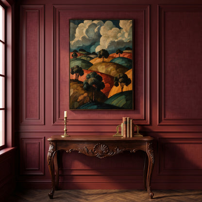 Rolling Hills and Cloud Sky Canvas Print, French Countryside Landscape in dark walnut floating frame