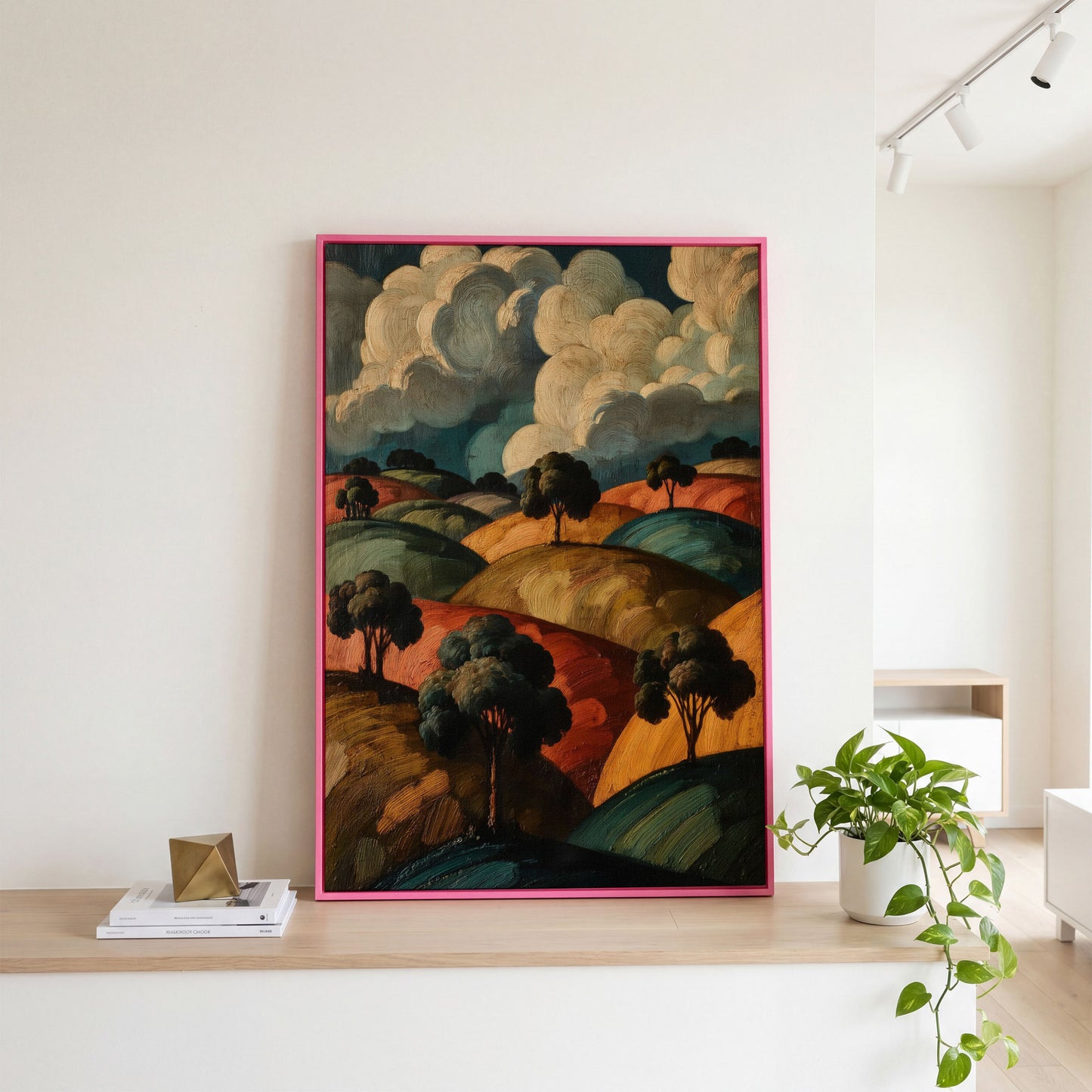 Rolling Hills and Cloud Sky Canvas Print, French Countryside Landscape in pink floating frame
