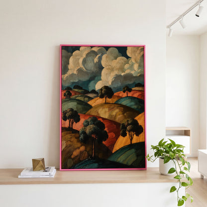 Rolling Hills and Cloud Sky Canvas Print, French Countryside Landscape in pink floating frame