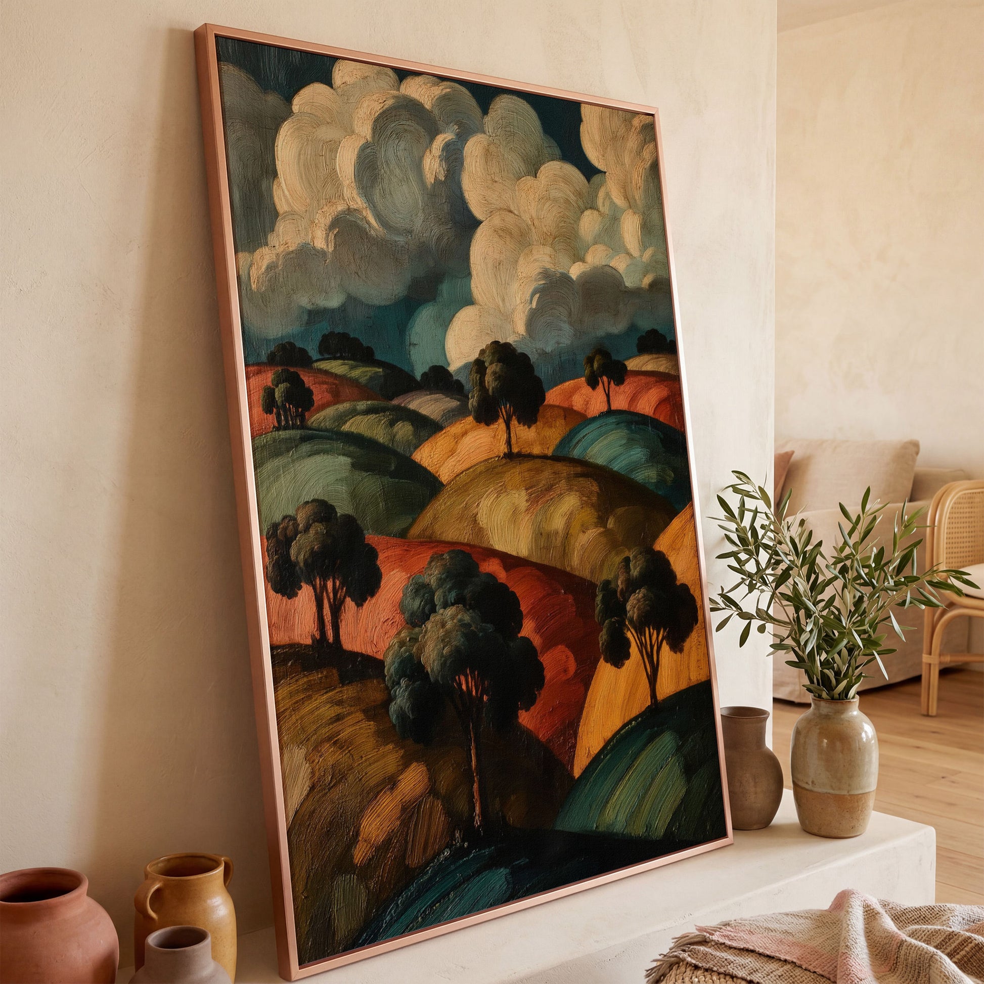 Rolling Hills and Cloud Sky Canvas Print, French Countryside Landscape in rose gold floating frame