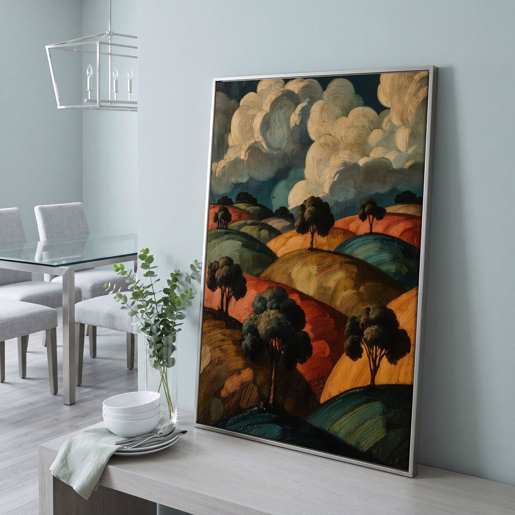Rolling Hills and Cloud Sky Canvas Print, French Countryside Landscape in silver floating frame