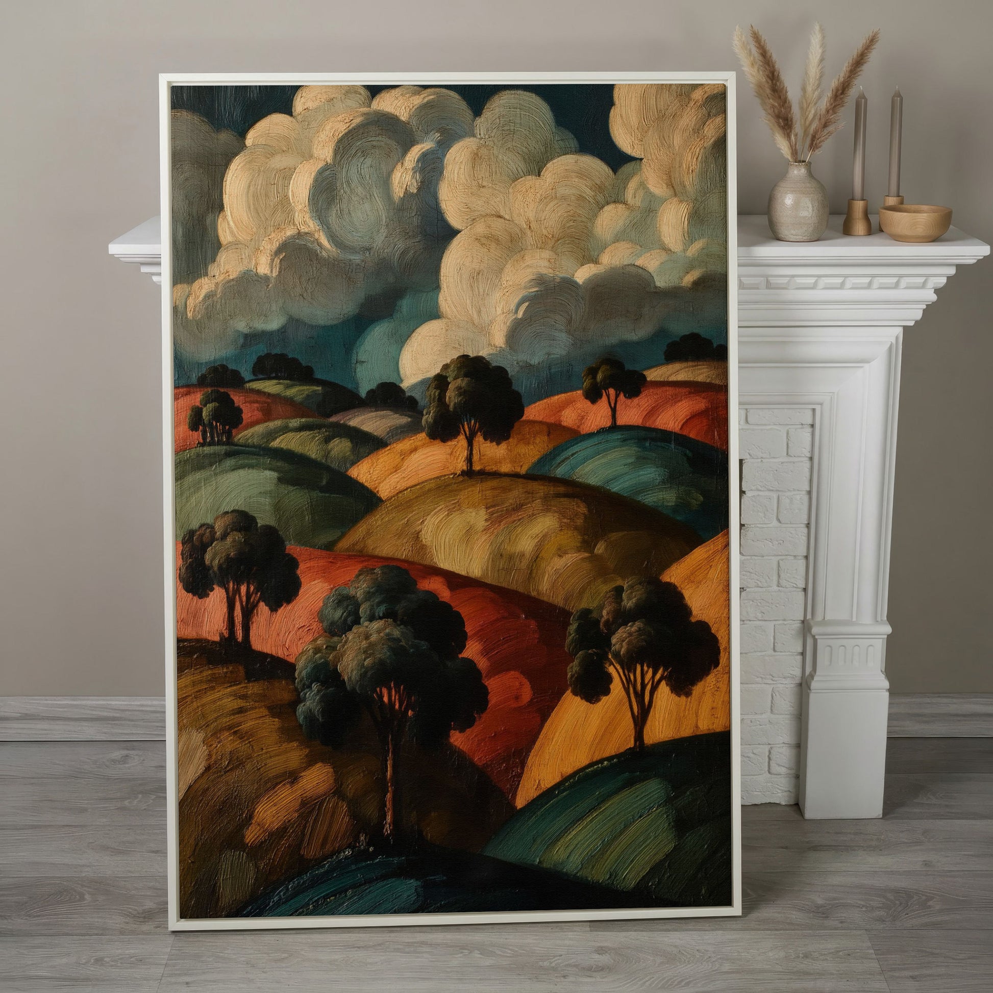 Rolling Hills and Cloud Sky Canvas Print, French Countryside Landscape in white floating frame