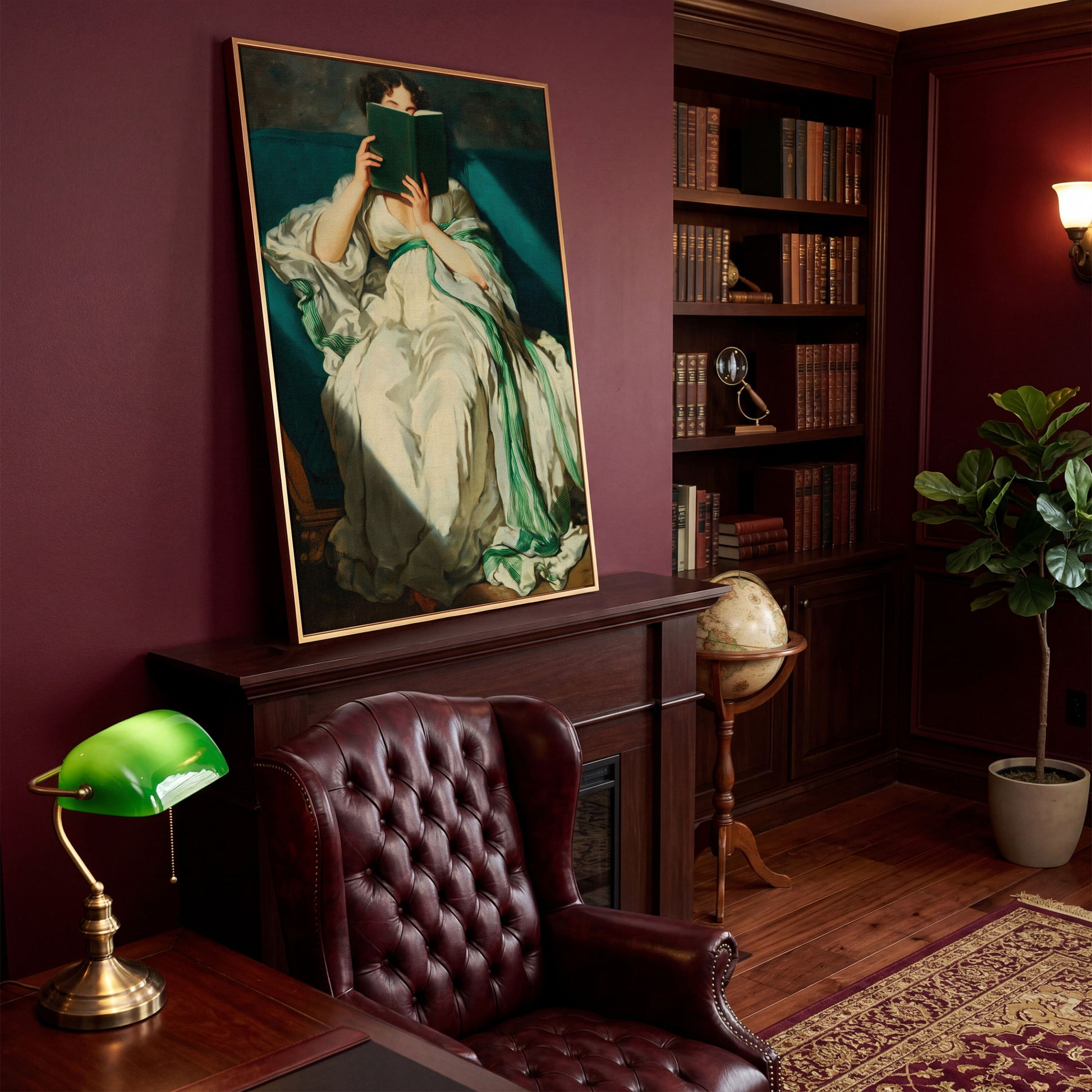 Woman Reading on a Turquoise Sofa. Canvas Wall Art for Book Lovers in antique gold floating frame