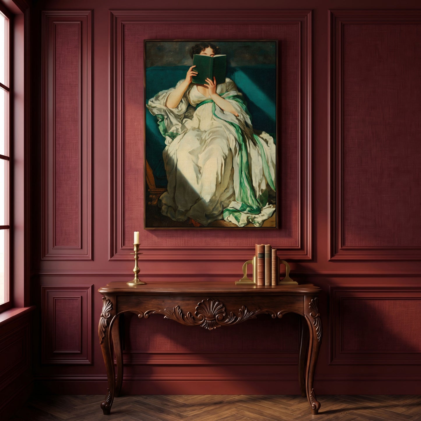 Woman Reading on a Turquoise Sofa. Canvas Wall Art for Book Lovers in dark walnut floating frame