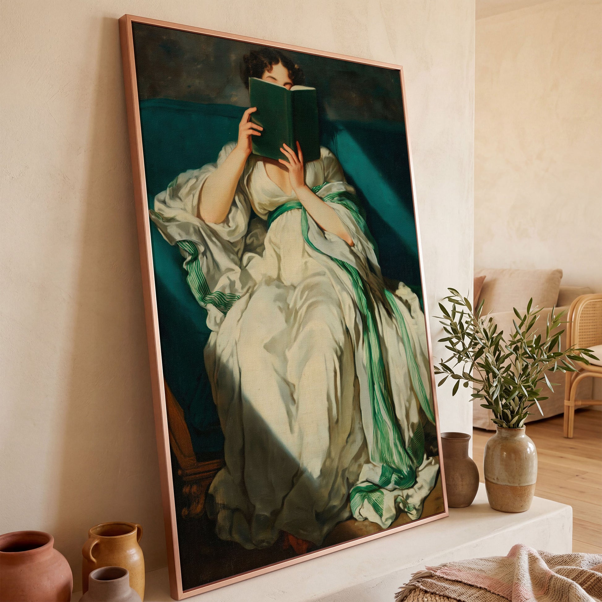 Woman Reading on a Turquoise Sofa. Canvas Wall Art for Book Lovers in rose gold floating frame
