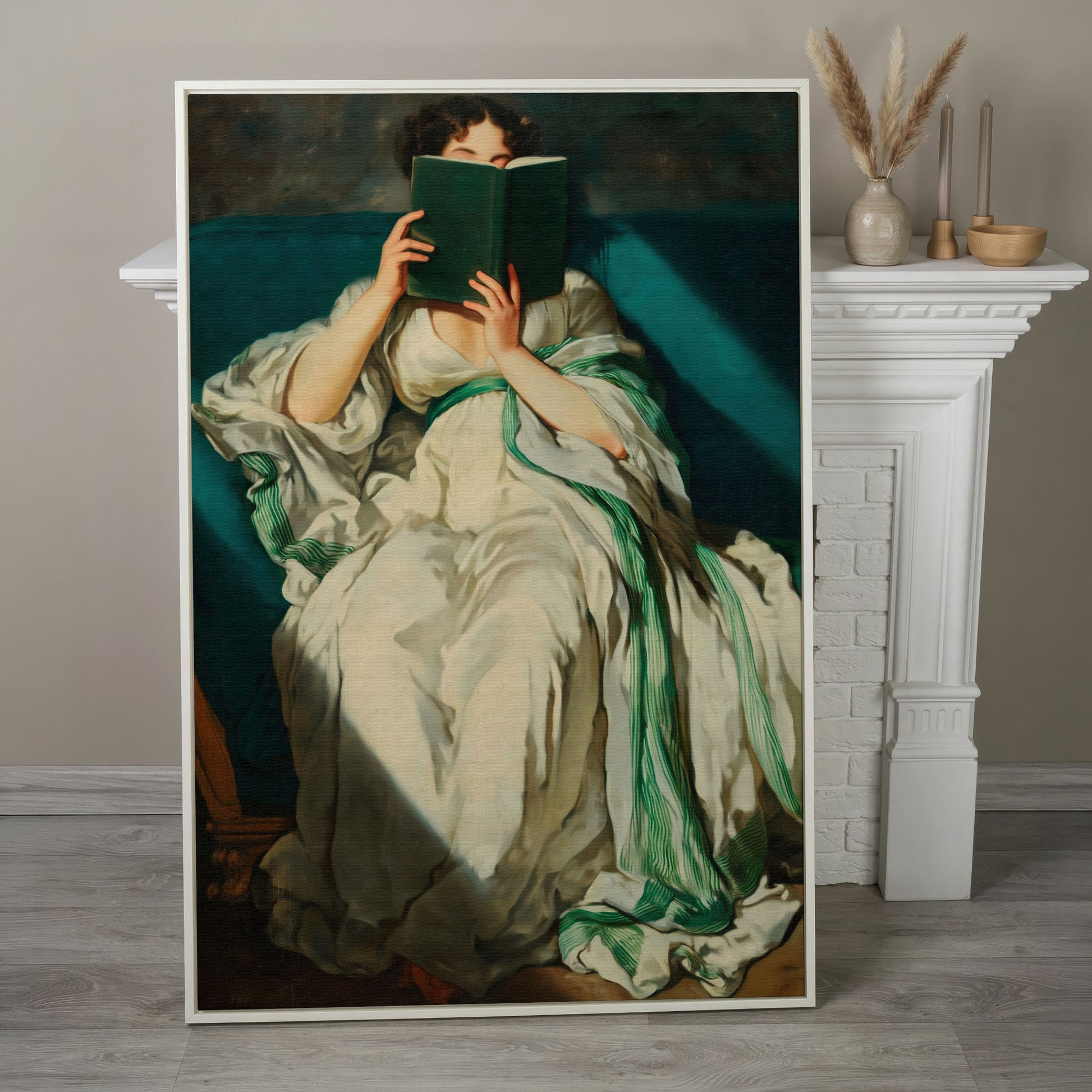 Woman Reading on a Turquoise Sofa. Canvas Wall Art for Book Lovers in white floating frame