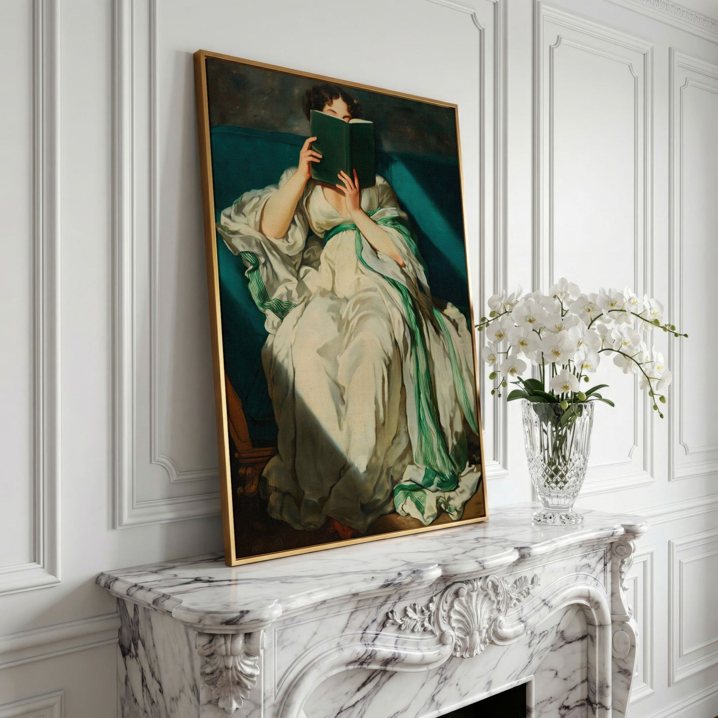 Woman Reading on a Turquoise Sofa. Canvas Wall Art for Book Lovers in yellow gold floating frame