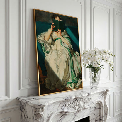 Woman Reading on a Turquoise Sofa. Canvas Wall Art for Book Lovers in yellow gold floating frame