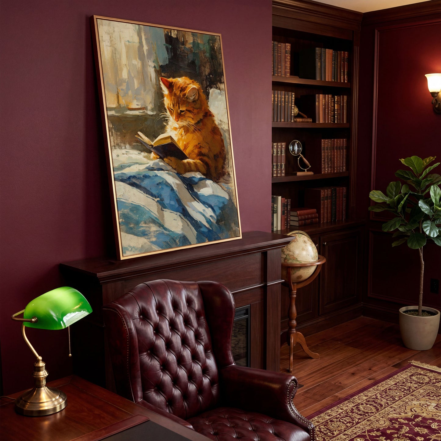 Reading Ginger Cat Canvas Art, Tabby with Book by Window in antique gold floating frame