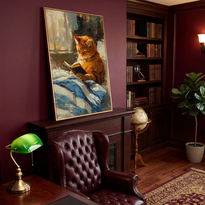 Reading Ginger Cat Canvas Art, Tabby with Book by Window in antique gold floating frame