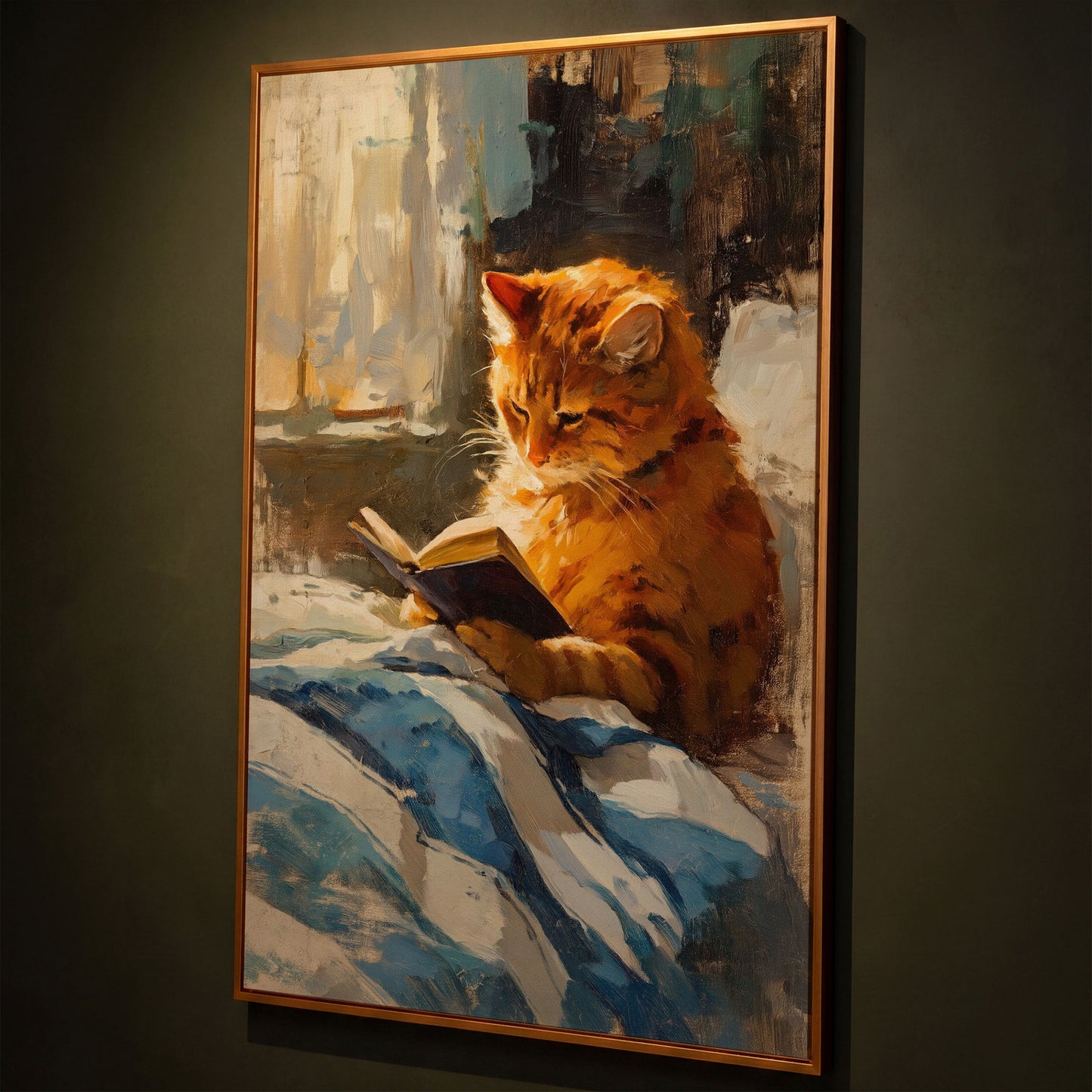 Reading Ginger Cat Canvas Art, Tabby with Book by Window shown in antique gold floating frame
