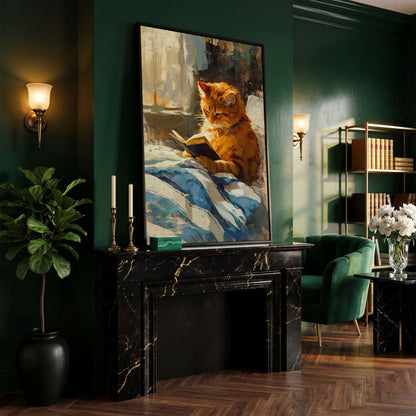 Reading Ginger Cat Canvas Art, Tabby with Book by Window in black floating frame