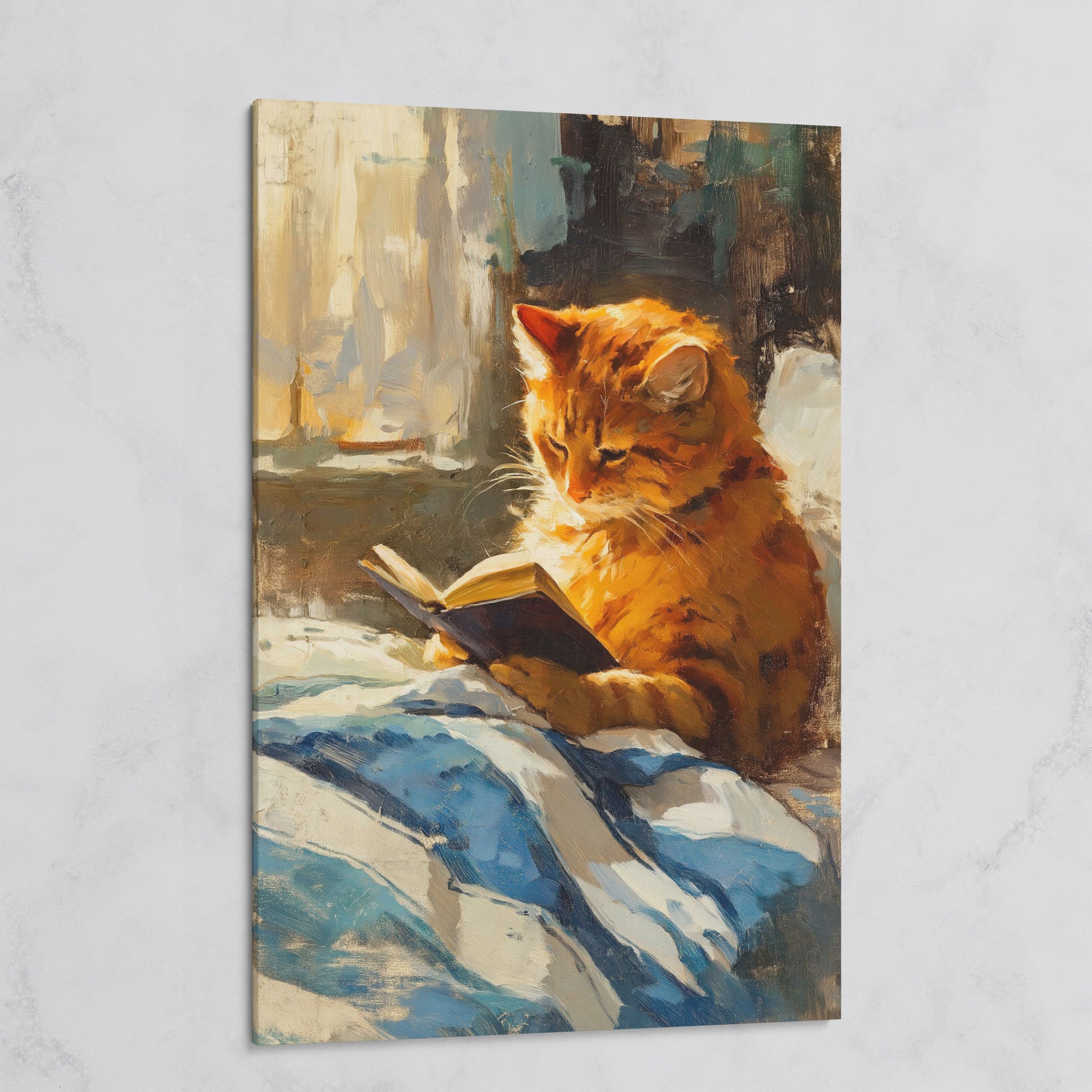 Reading Ginger Cat Canvas Art, Tabby with Book by Window on gallery wrap