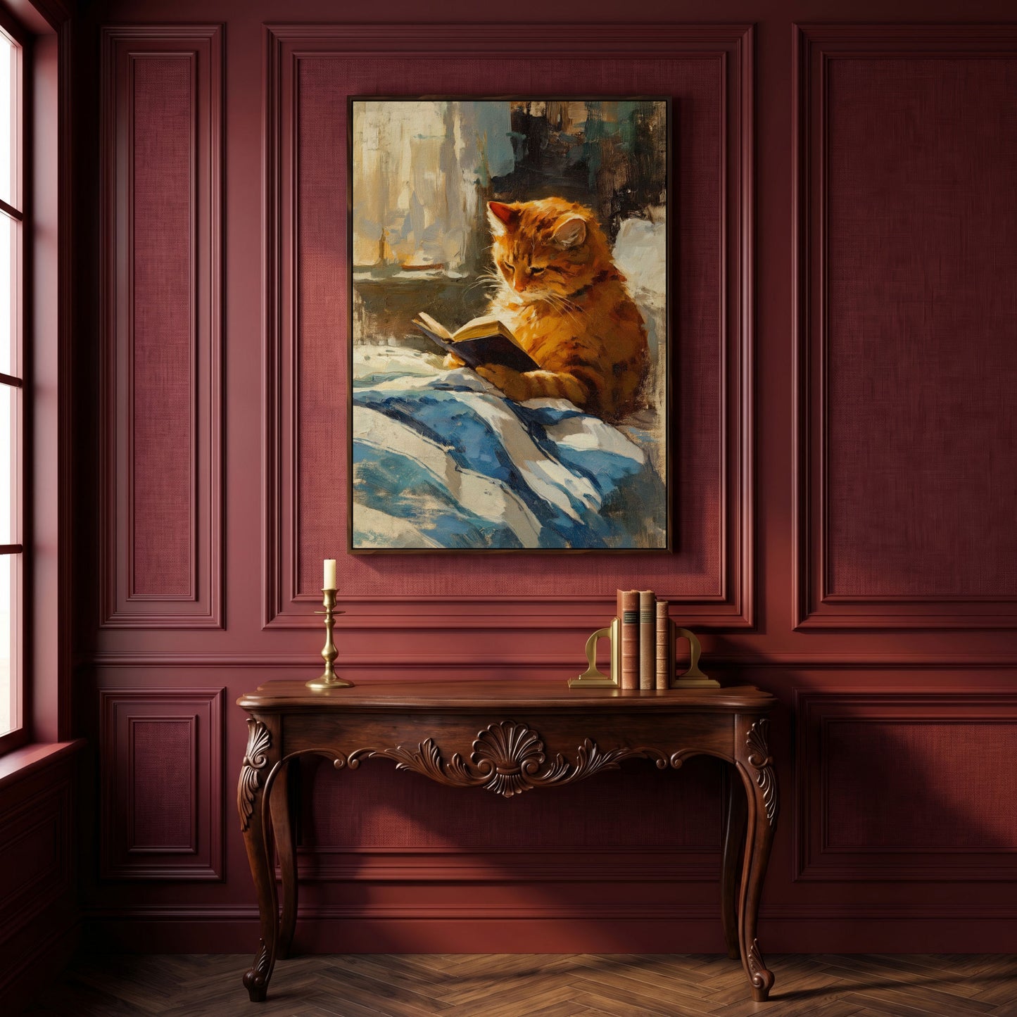 Reading Ginger Cat Canvas Art, Tabby with Book by Window in dark walnut floating frame