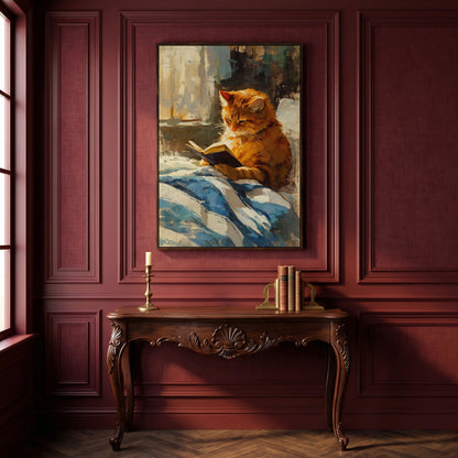 Reading Ginger Cat Canvas Art, Tabby with Book by Window in dark walnut floating frame