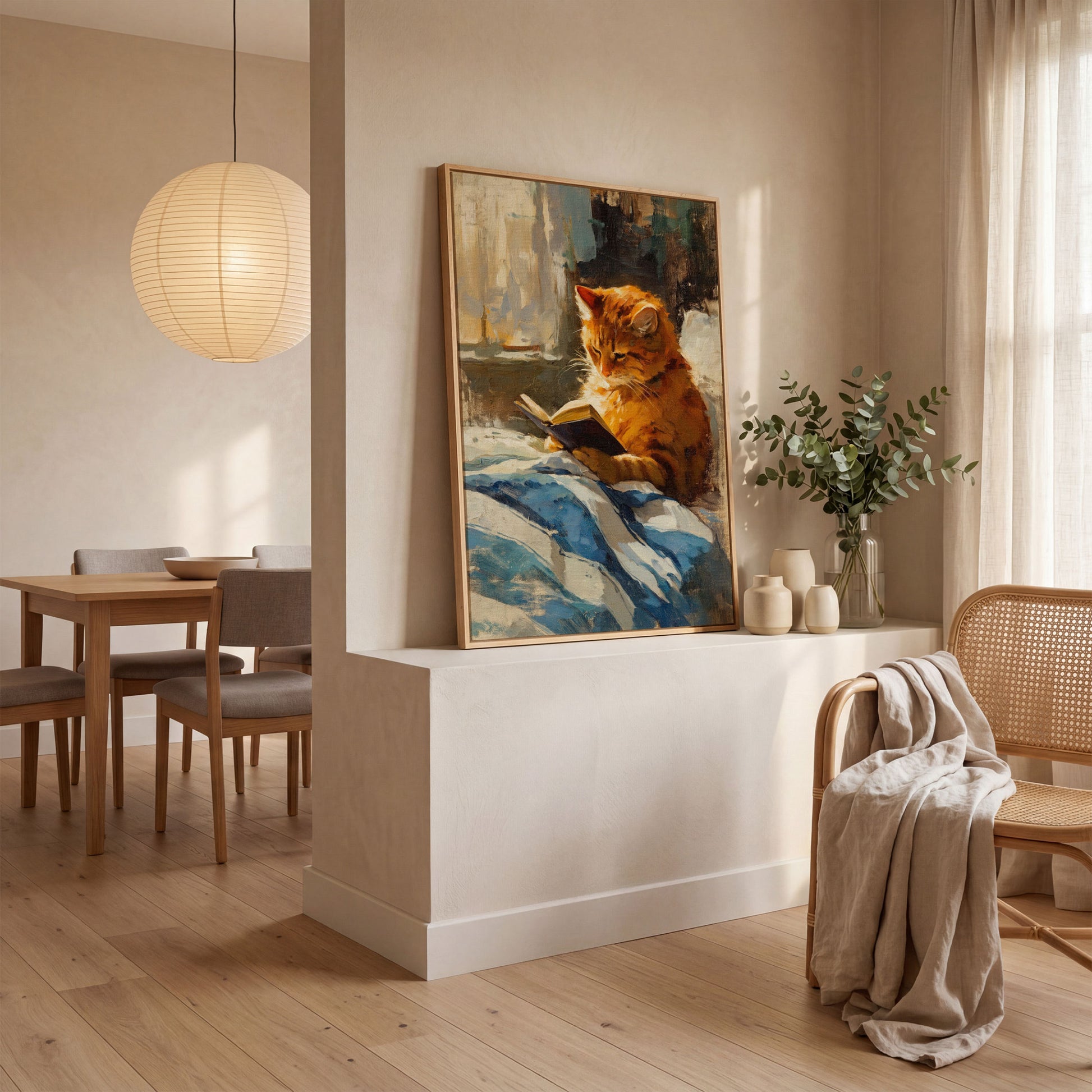 Reading Ginger Cat Canvas Art, Tabby with Book by Window in white oak floating frame