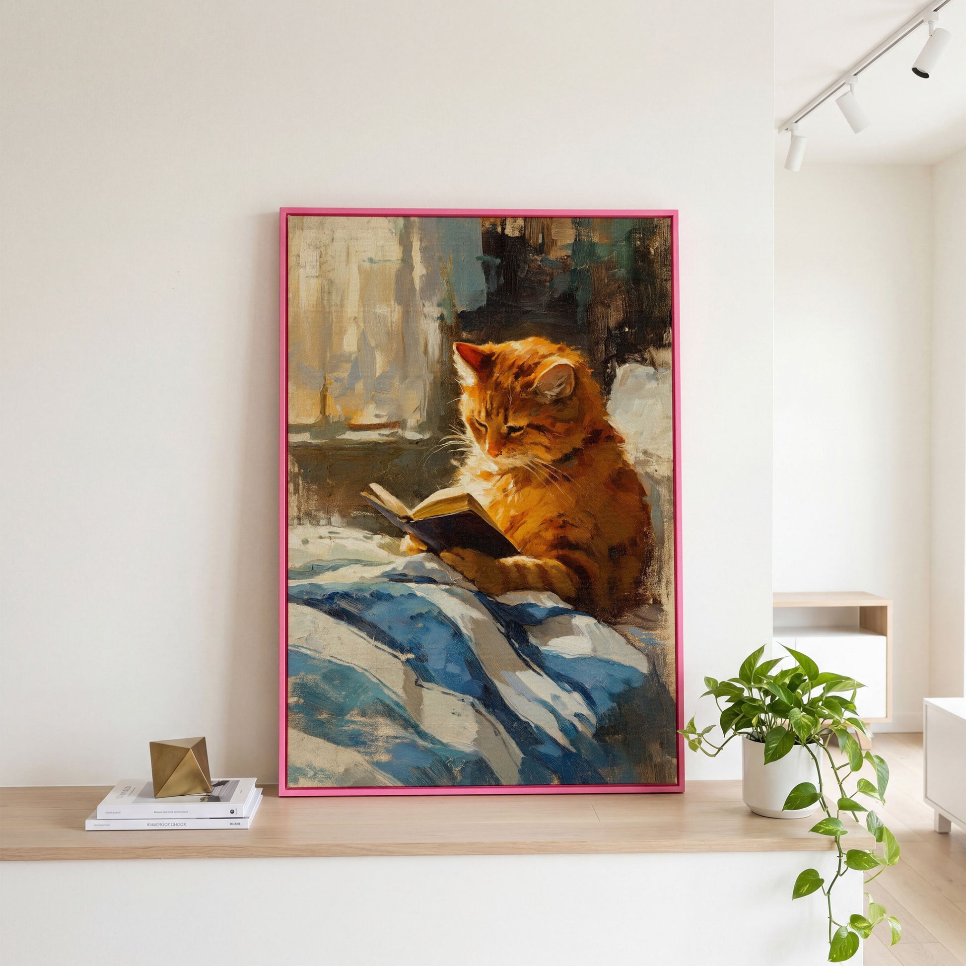 Reading Ginger Cat Canvas Art, Tabby with Book by Window in pink floating frame