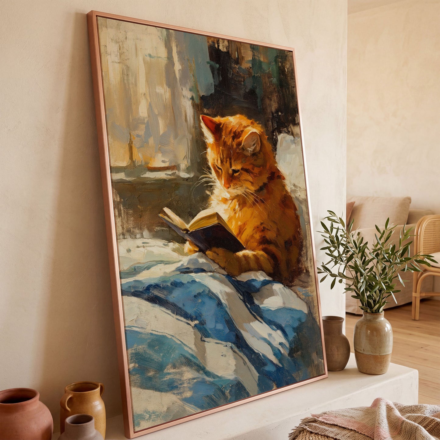 Reading Ginger Cat Canvas Art, Tabby with Book by Window in rose gold floating frame