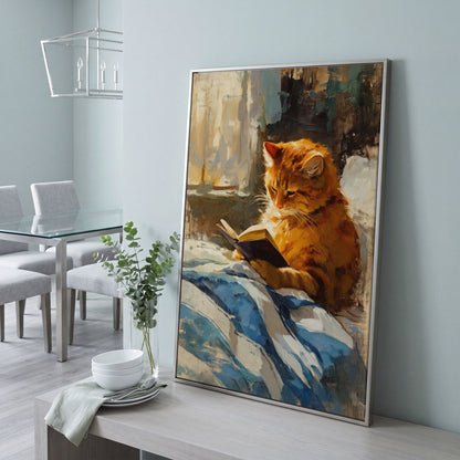 Reading Ginger Cat Canvas Art, Tabby with Book by Window in silver floating frame