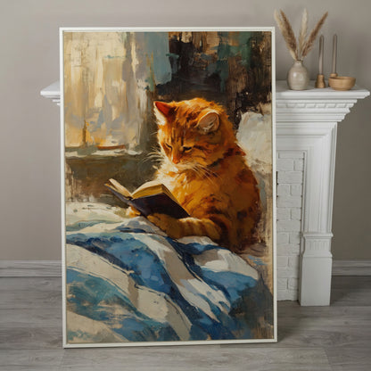 Reading Ginger Cat Canvas Art, Tabby with Book by Window in white floating frame