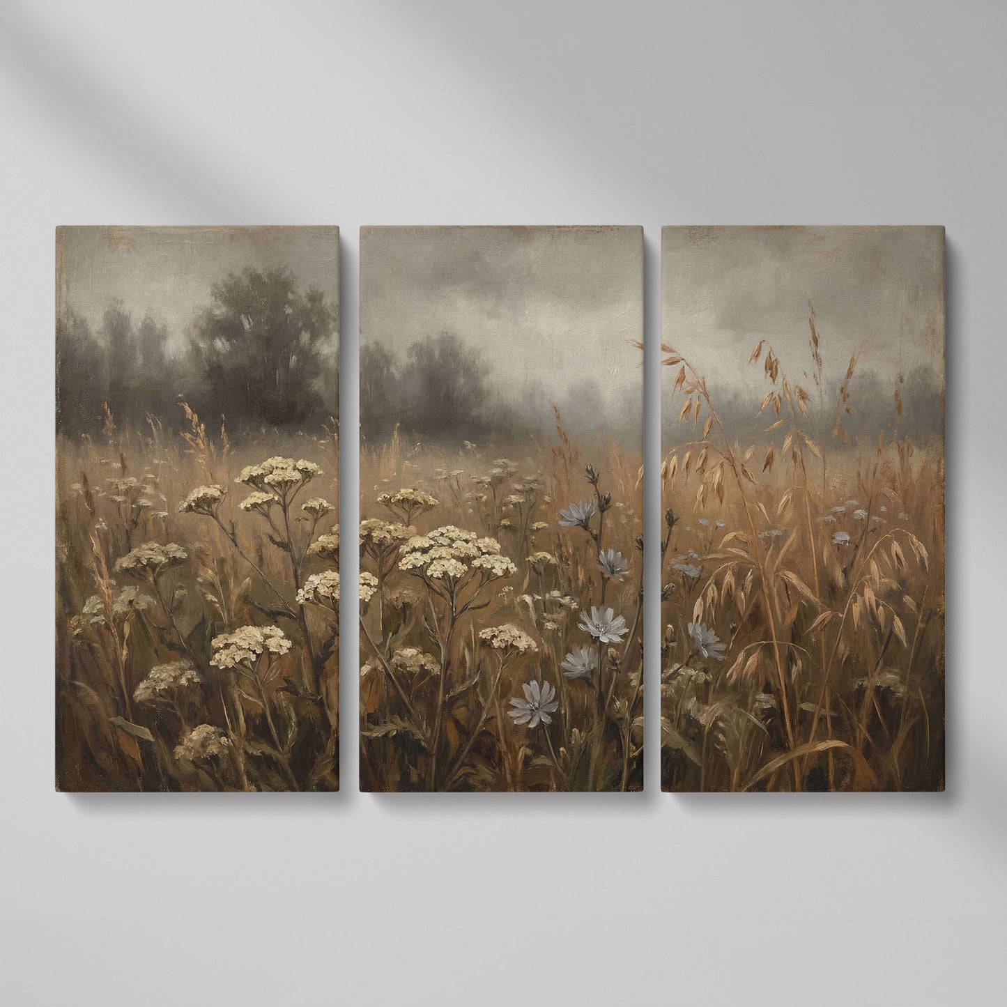 Wildflower Field with Misty Forest Beyond. Landscape Canvas Art as 3-panel split version