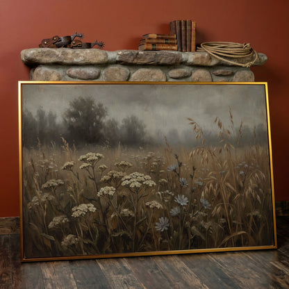 Wildflower Field with Misty Forest Beyond. Landscape Canvas Art in antique gold floating frame