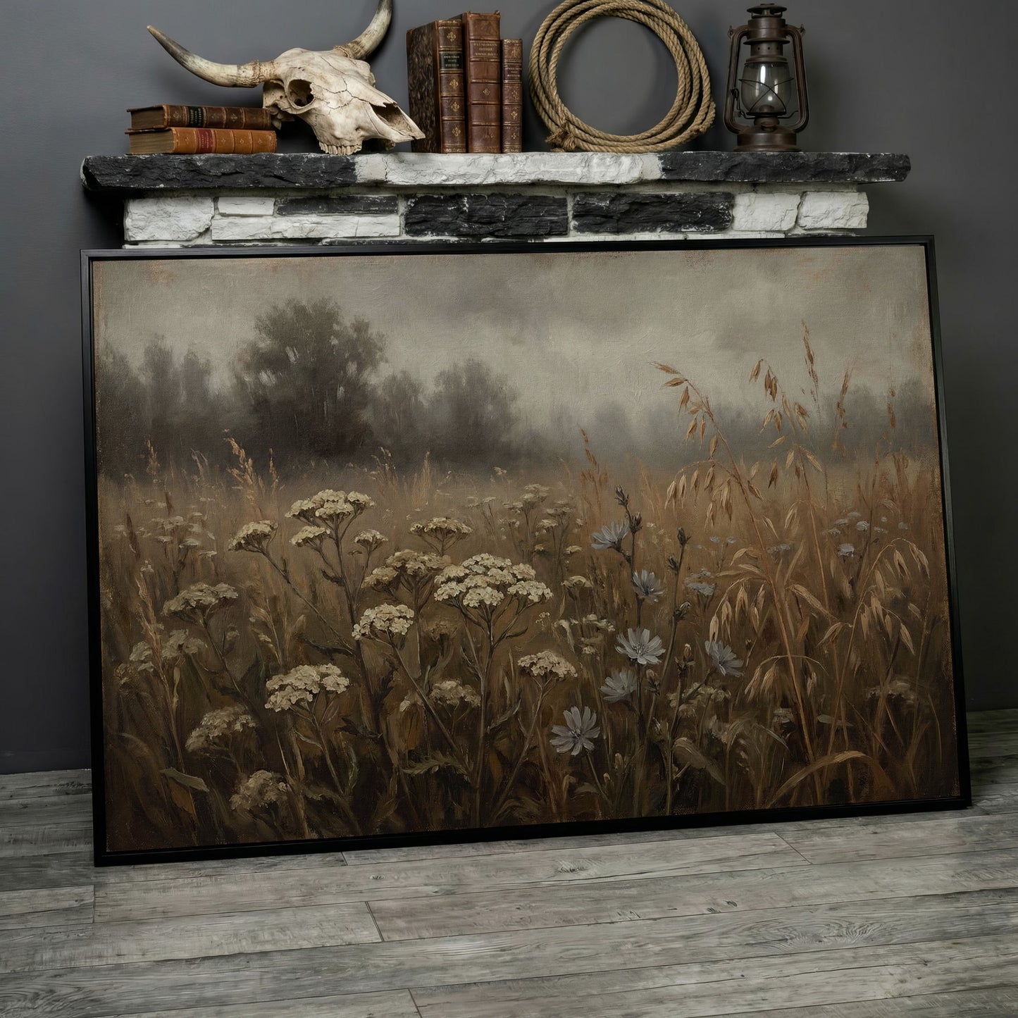 Wildflower Field with Misty Forest Beyond. Landscape Canvas Art in black floating frame