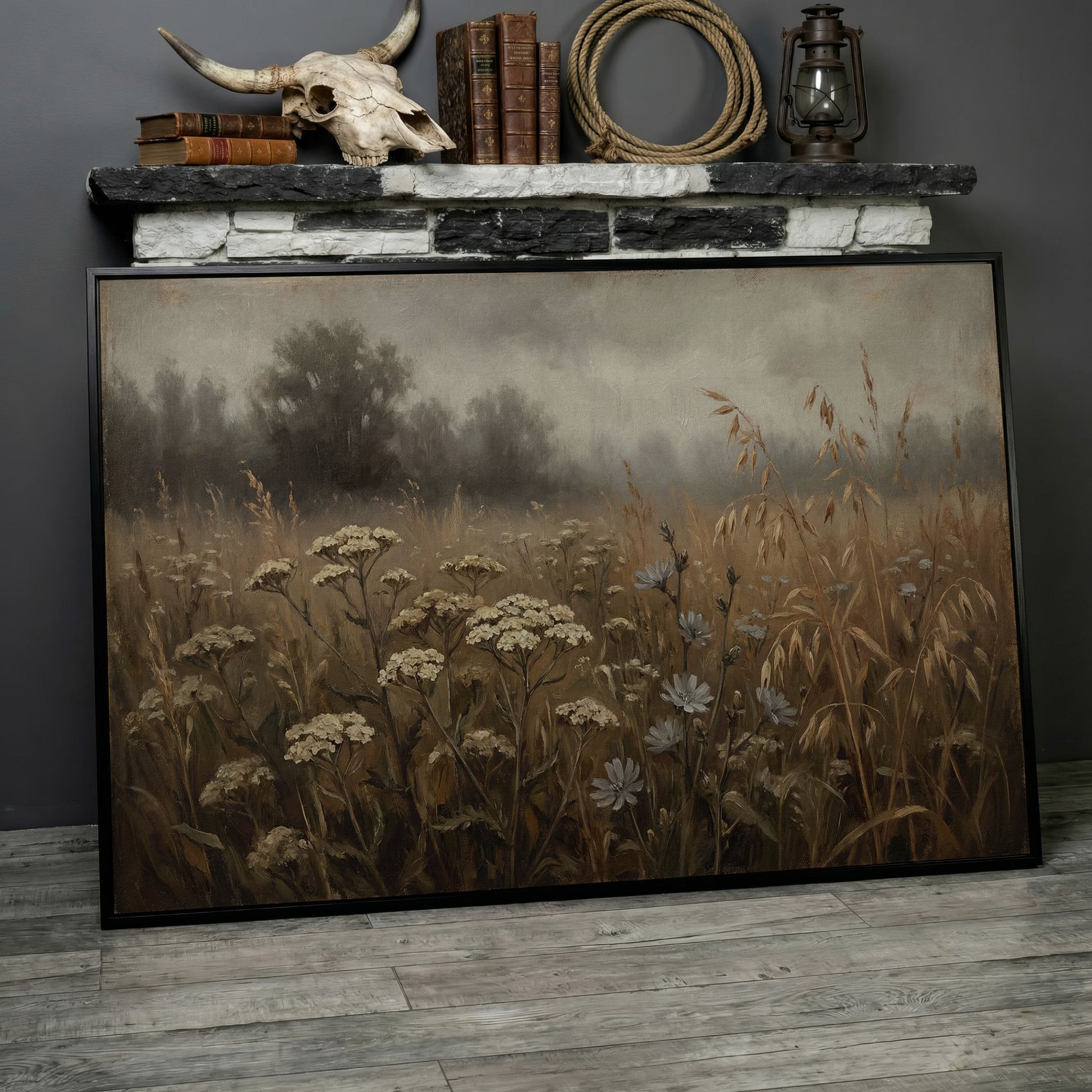Wildflower Field with Misty Forest Beyond. Landscape Canvas Art in black floating frame