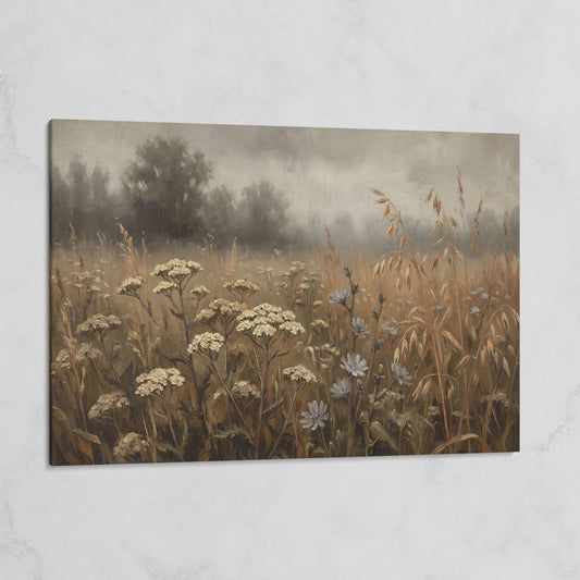 Wildflower Field with Misty Forest Beyond. Landscape Canvas Art on gallery wrap
