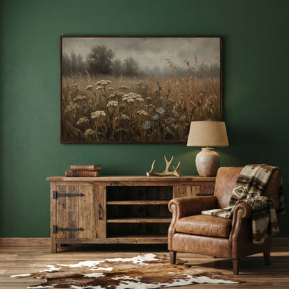 Wildflower Field with Misty Forest Beyond. Landscape Canvas Art in dark walnut floating frame