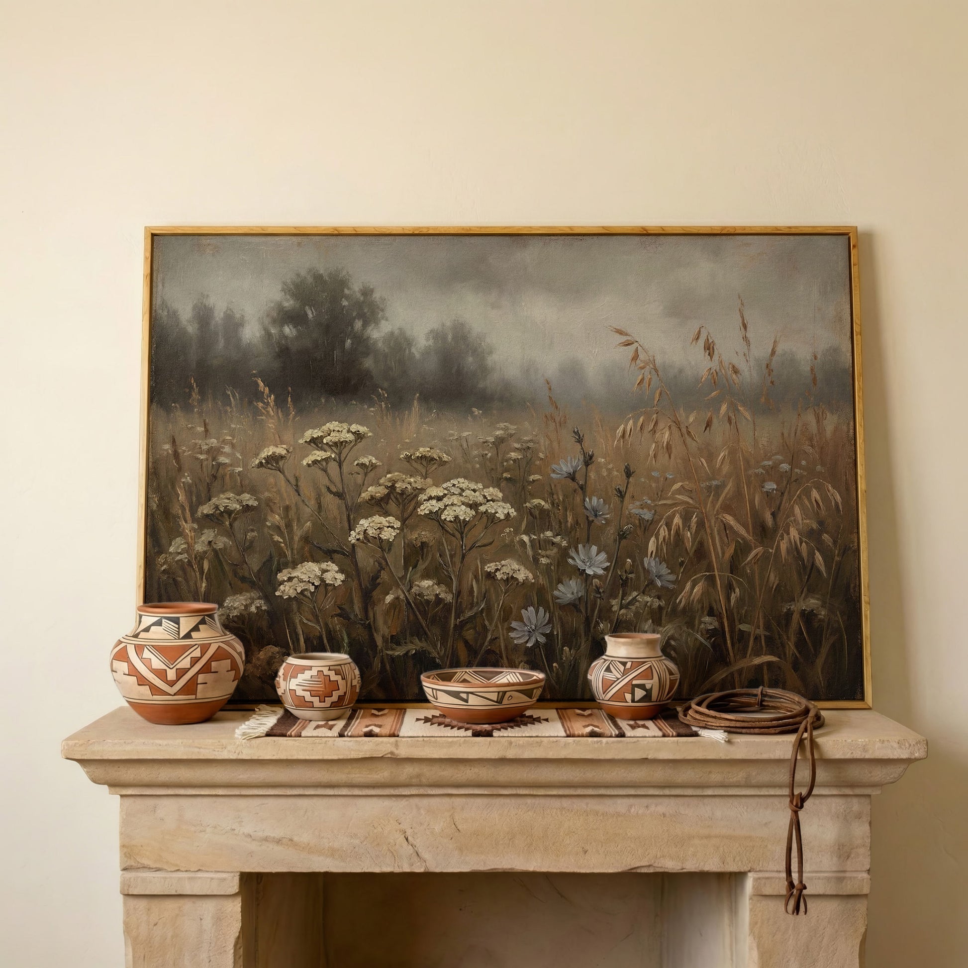 Wildflower Field with Misty Forest Beyond. Landscape Canvas Art in white oak floating frame