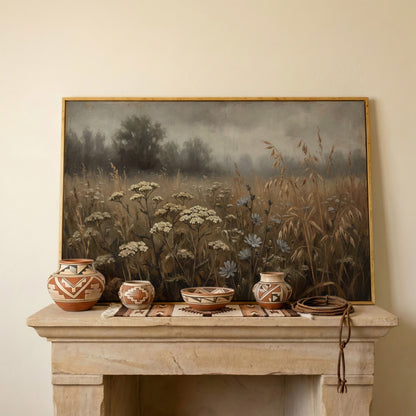Wildflower Field with Misty Forest Beyond. Landscape Canvas Art in white oak floating frame