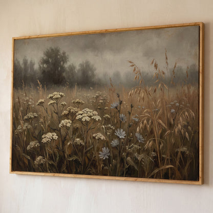 Wildflower Field with Misty Forest Beyond. Landscape Canvas Art shown in white oak floating frame