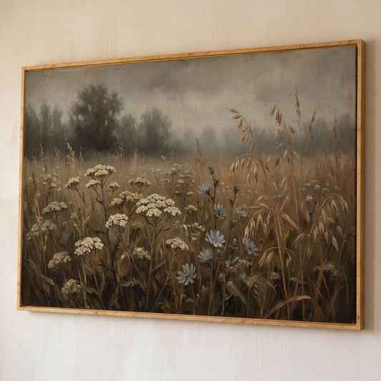 Wildflower Field with Misty Forest Beyond. Landscape Canvas Art shown in white oak floating frame