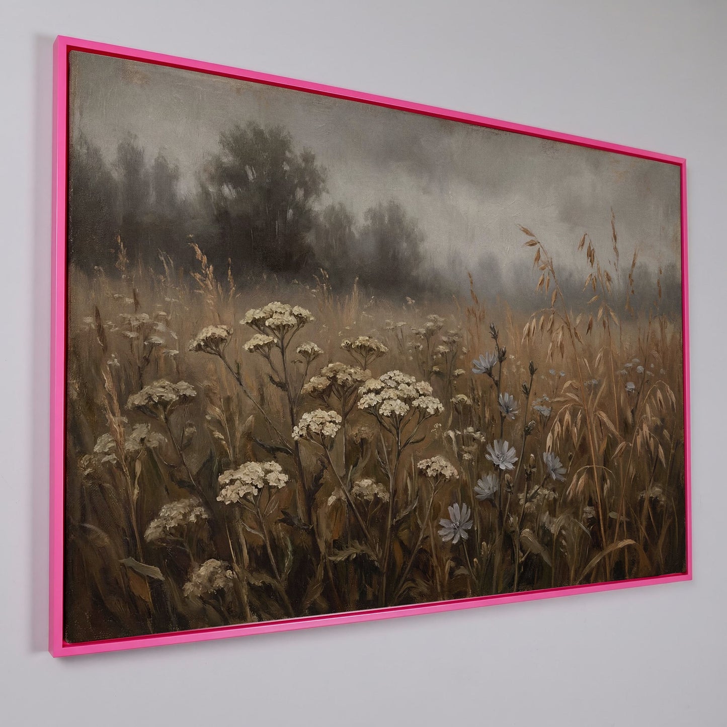 Wildflower Field with Misty Forest Beyond. Landscape Canvas Art in pink floating frame