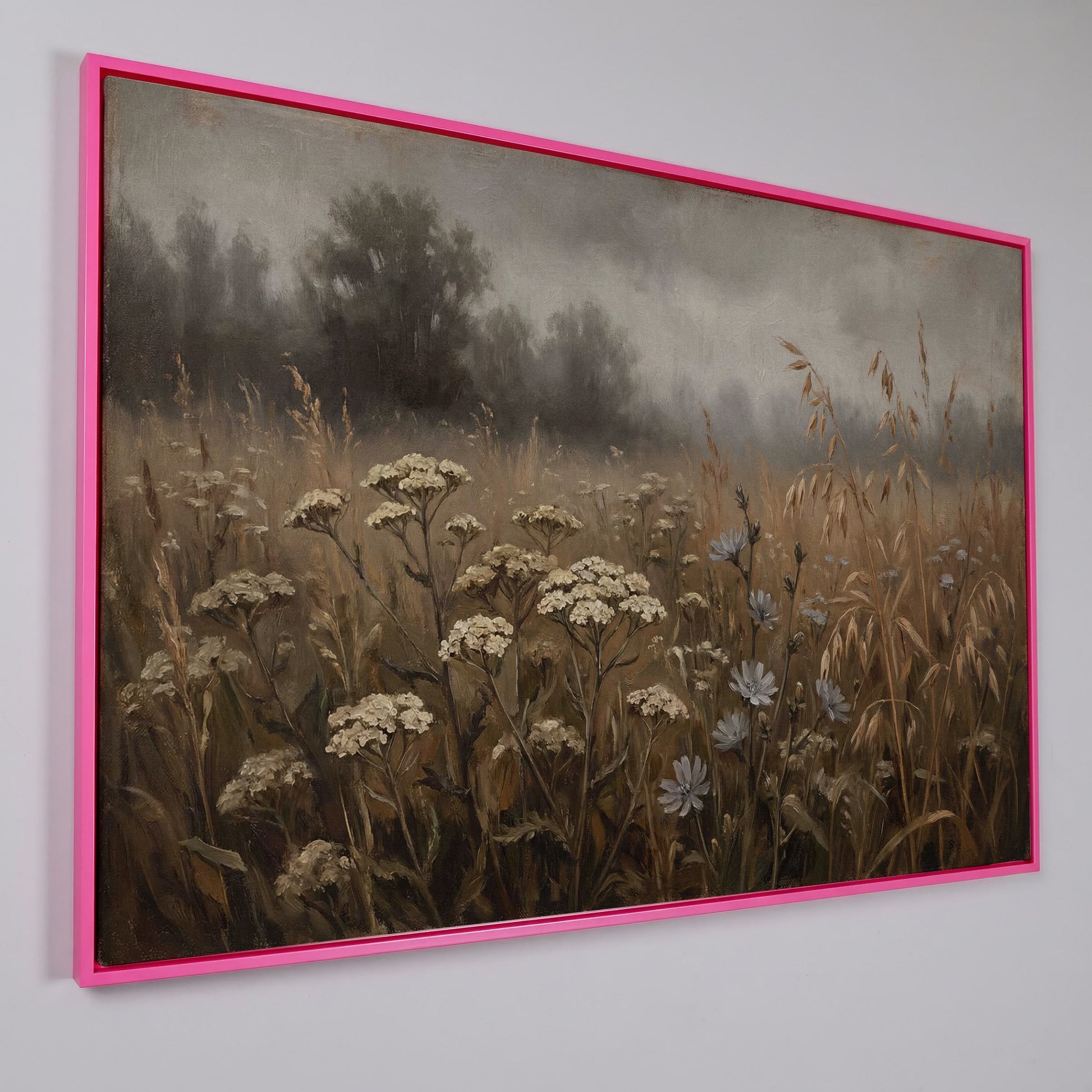Wildflower Field with Misty Forest Beyond. Landscape Canvas Art in pink floating frame
