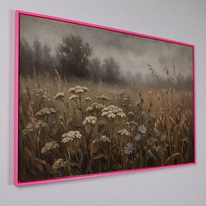 Wildflower Field with Misty Forest Beyond. Landscape Canvas Art in pink floating frame