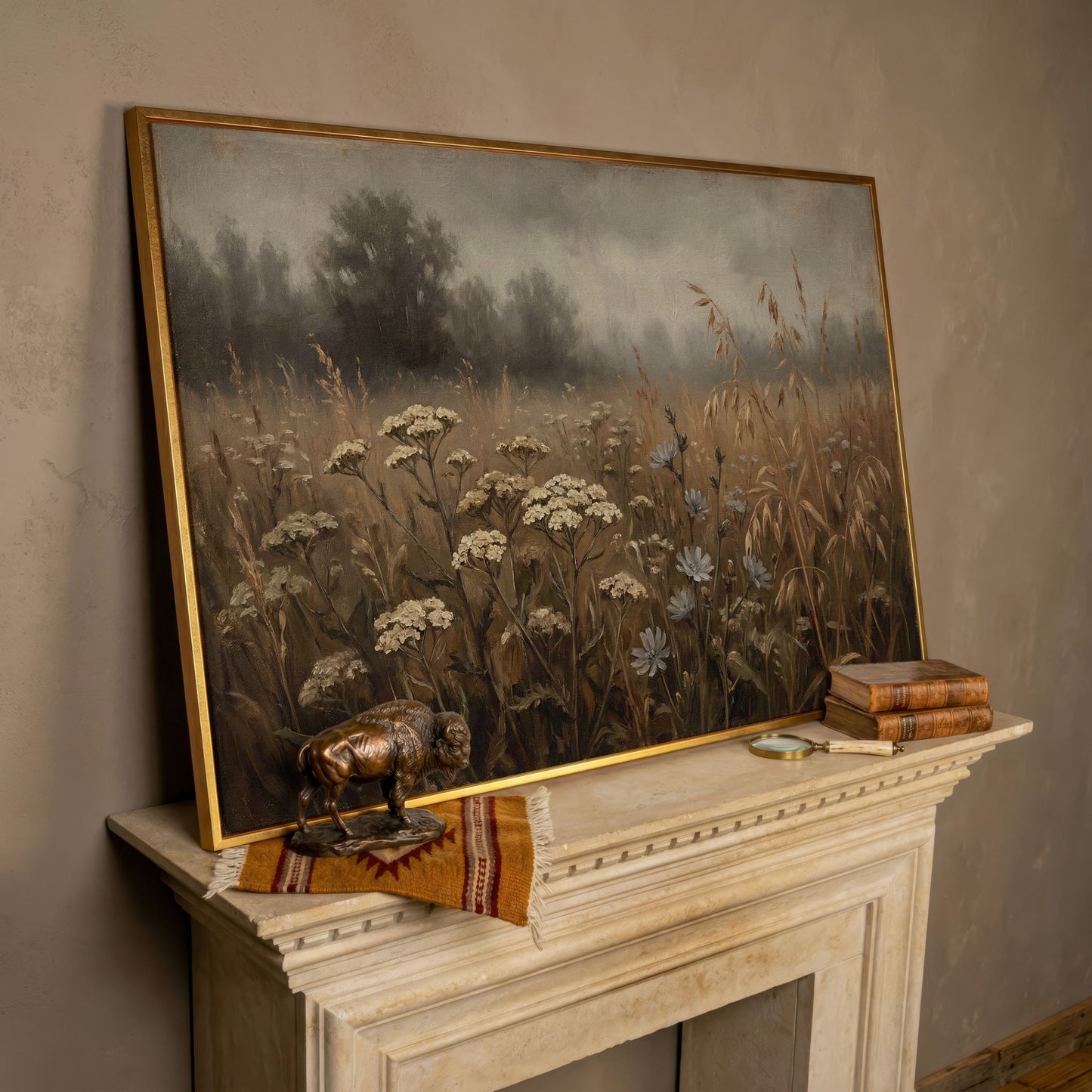Wildflower Field with Misty Forest Beyond. Landscape Canvas Art in rose gold floating frame