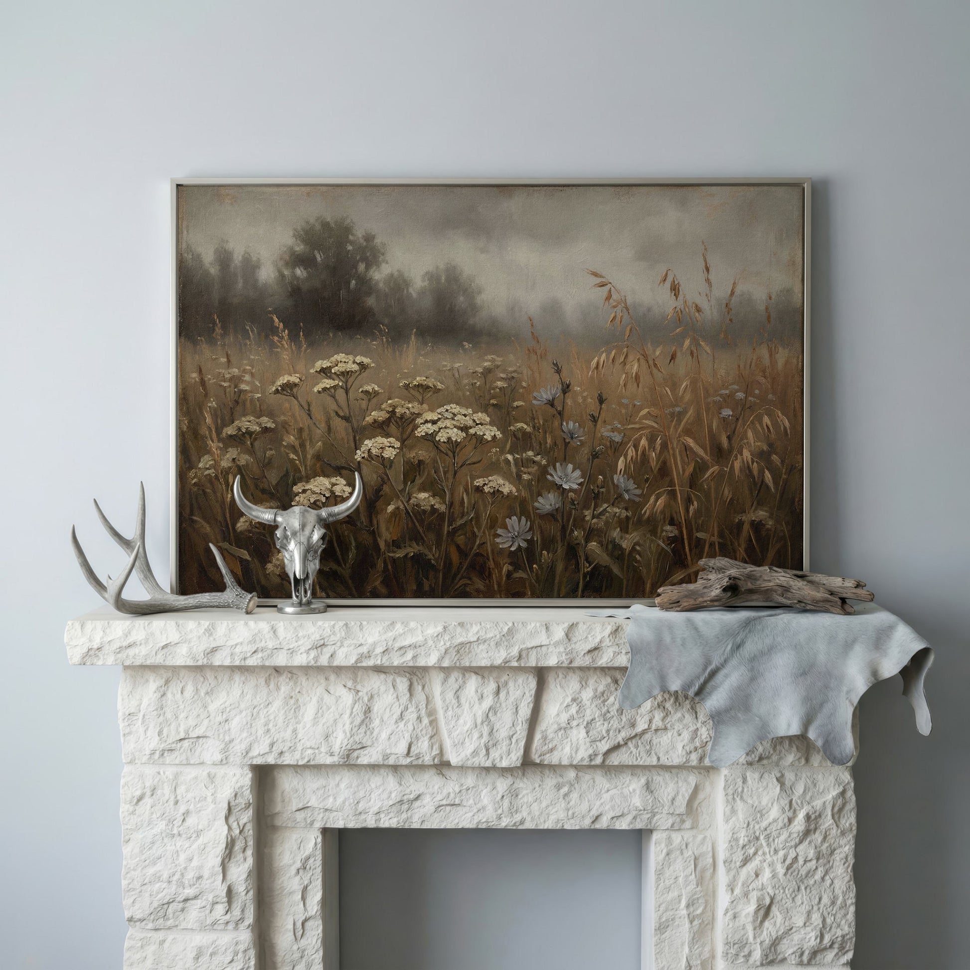 Wildflower Field with Misty Forest Beyond. Landscape Canvas Art in silver floating frame
