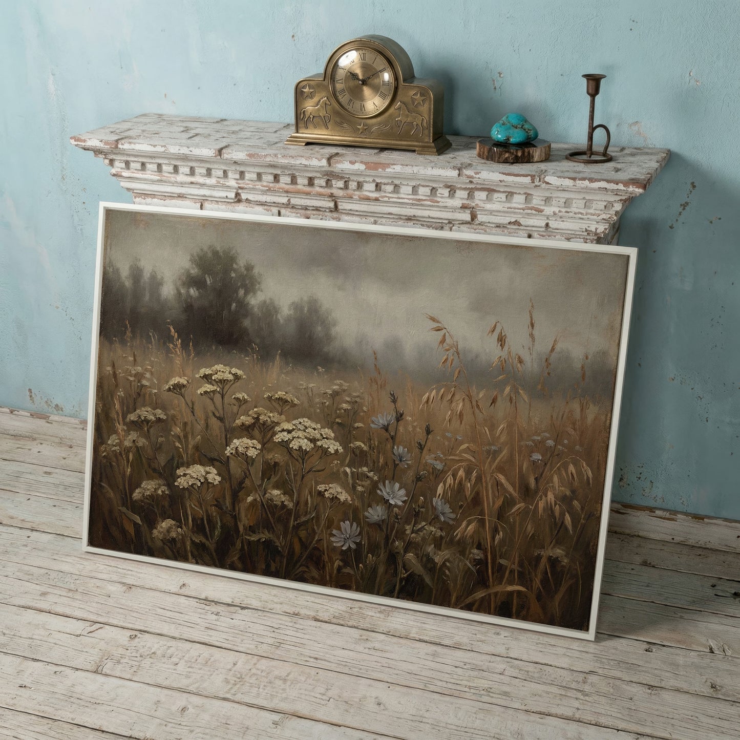 Wildflower Field with Misty Forest Beyond. Landscape Canvas Art in white floating frame