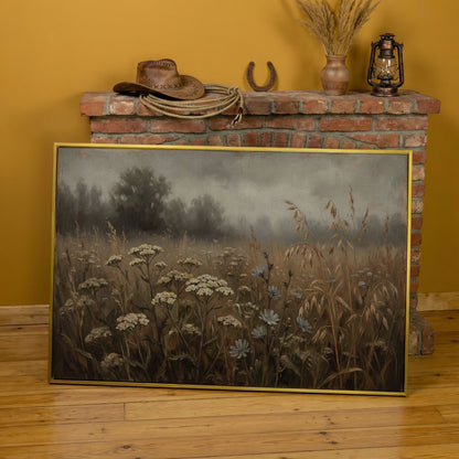 Wildflower Field with Misty Forest Beyond. Landscape Canvas Art in yellow gold floating frame