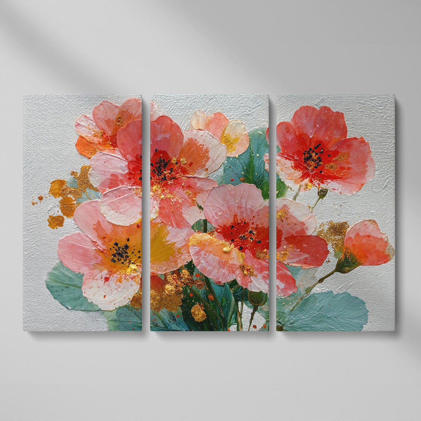 Red and Orange Poppy Bouquet Floral Canvas Wall Art as 3-panel split version