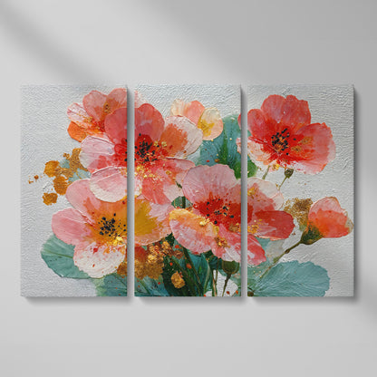 Red and Orange Poppy Bouquet Floral Canvas Wall Art as 3-panel split version