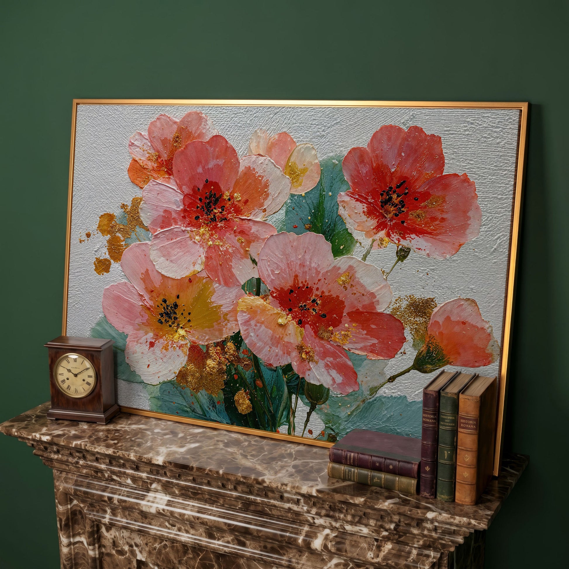 Red and Orange Poppy Bouquet Floral Canvas Wall Art in antique gold floating frame
