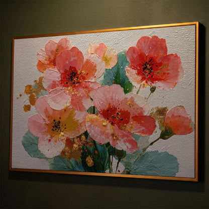 Red and Orange Poppy Bouquet Floral Canvas Wall Art shown in antique gold floating frame
